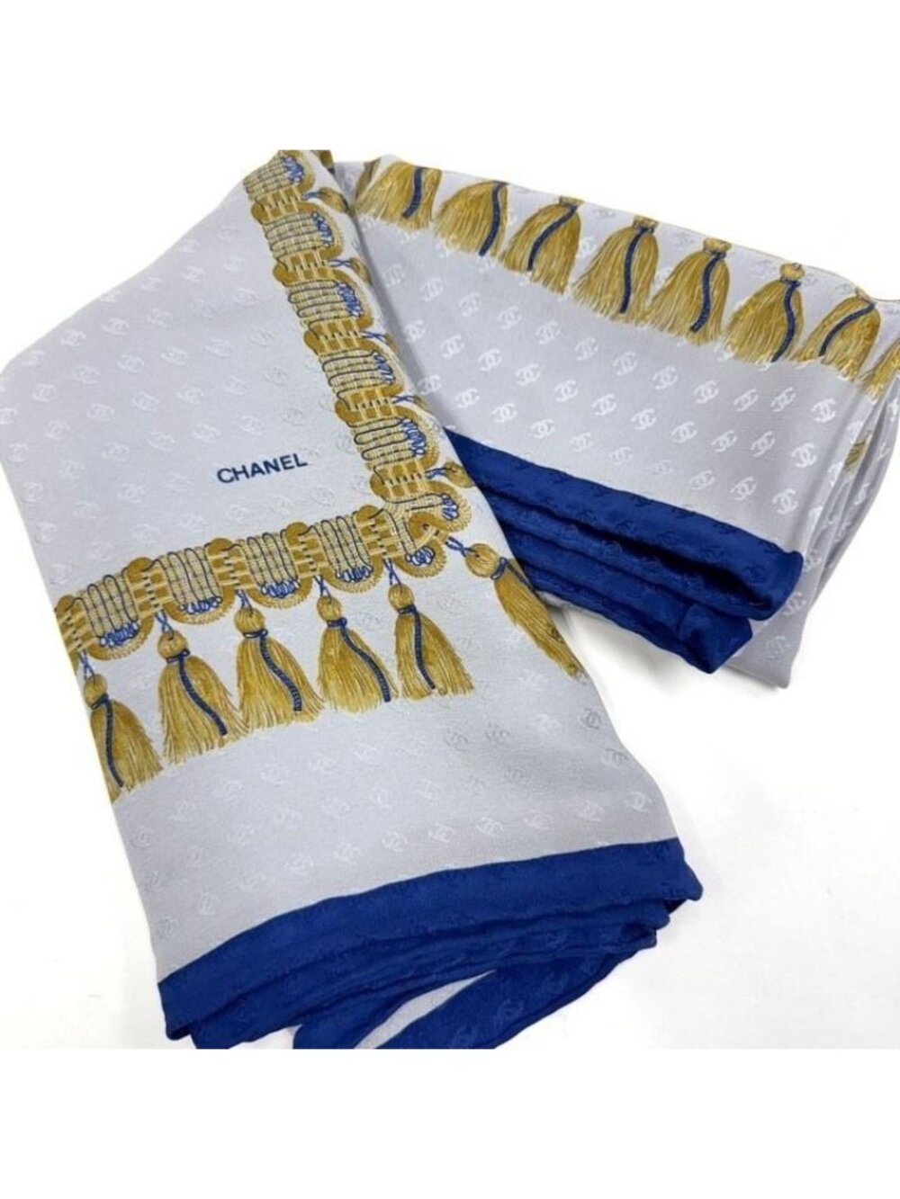Chanel Scarf Fringe Pattern Silk Gray